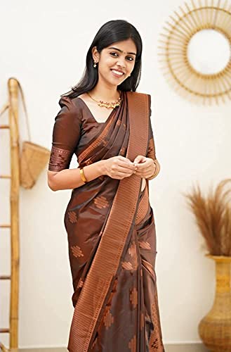 Image of C J Enterprise Women's Pure Banarasi Saree Kanjivaram Silk Sarees Soft Design Wear Pattu Sarees Party Cotton With Blouse Piece Kanchipuram For Wedding Sadi New 2024 2025 (GolaLine-51) (Brown)