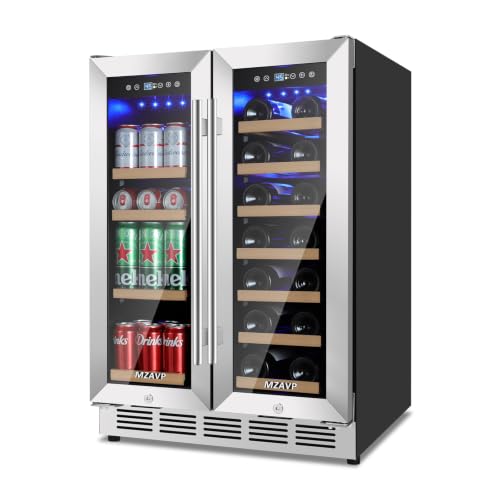 Image of 24 Inch Wine and Beverage Refrigerator, Dual Zone Wine Beverage Fridge with Glass Door, Built-In /Freestanding Beverage Cooler 24 inch with French Door, Holds 20 Bottles and 88 Cans for Home /Kitchen