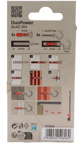 fischer - Duopower 8 x 40 cm mit offener Buchse - 2U, Wanddübel aus mehreren Materialien, geeignet zum Aufhängen von Fahrrädern, Bildern, Schränken, Fernsehern, Regalen, Möbeln.