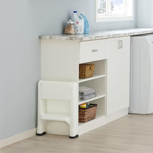 Image of Rubbermaid Two-Step Folding Foot Stool 14-Inch High White 300 Pound Capacity Small Step Stool for Adults /Kids for Use in Library /Kitchen /Bathroom /Garage /Closet