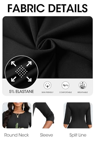 Image of CLOCOR Casual Midi Dresses for Women A-Line Fit and Flare Elegant Church 3 /4 Sleeve Crew Neck Dress with Pocket
