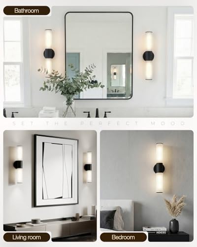 Image of 2-Light Bathroom Vanity Lighting Fixture, Black Wall Sconce with Opal White Glass, E26 Stocket Indoor Wall Lamp, Modern Mirror Light