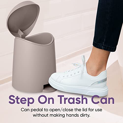 Image of Superio Mini Bathroom Trash Can with Lid 3 Liter, Plastic Waste Bin 0.75 Gallon, Modern Flat Lid Step On Trash Can with Foot Pedal, for Bathroom, Bedroom, Office, Under Desk, Soft Close (2, Taupe)