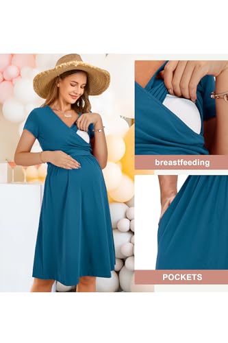 Image of OUGES Maternity Nursing Dress Breastfeeding Short Sleeve V Neck Casual Pregnancy Clothes with Pockets