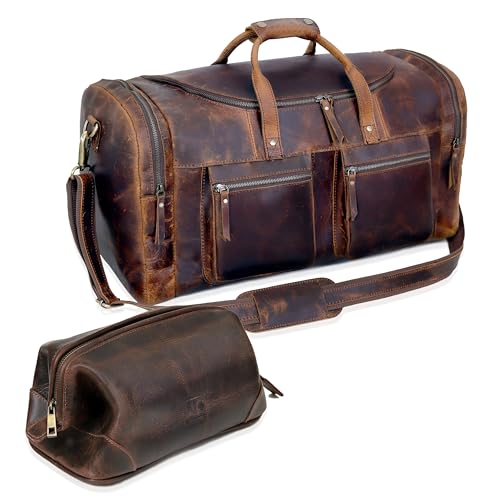 Vintage Leather Travel Duffel Bag with Toiletry Dopp Kit and Laundry Bag, Weekender Overnight bag Luggage Carry-On Bag Leather Gym Overnight Luggage Bag for Men or Women Brown