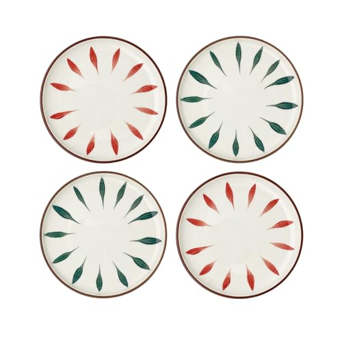 TREEWOO Piatti da dessert in ceramica dipinti a mano, 15,2 cm, set da 4, colori rosso e verde, piccoli piatti per torta, sushi, frutta