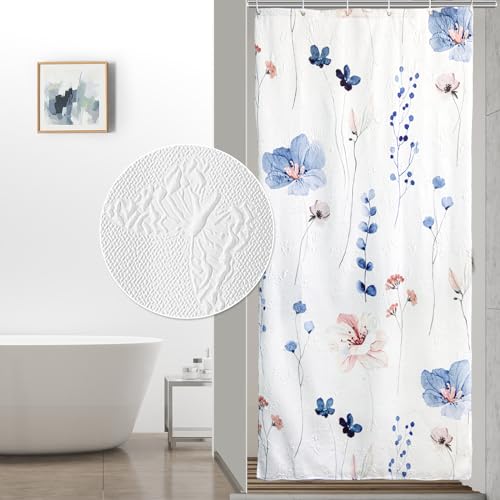 Image of QIYI Small Stall Half Watercolor Floral Shower Curtain, 3D Embossed Butterflies Blue Flower Cloth Bathroom Curtain, Waterproof Fabric White Shower Curtain Set with Hooks
