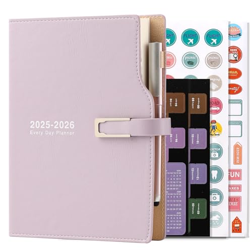 Akademischer Kalender 2025–2026, A5-Format, ein Tag pro Seite, von Juli 2025 bis Juni 2026, Planer mit Kalenderstickern, mit Stifthalter und Stift, aus hochwertigem, dickem Papier, 14 x 21,5 cm