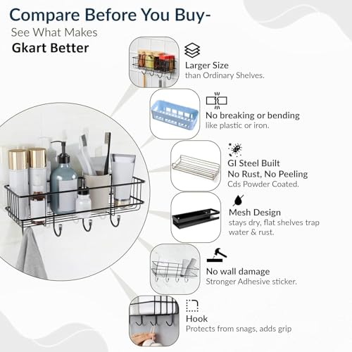 Image of Xmart India Bathroom Organiser Without Drill | Corner Shelf Rack | Self Adhesive Wall Mounted Storage Organizer for Bathroom & Kitchen | Organizer Storage Bathroom Shelve (2, 4 Hook)