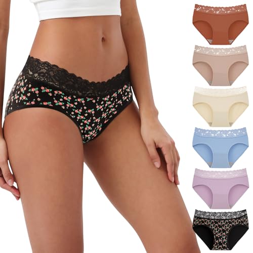 INNERSY Bragas Encaje Mujer Algodon Comodas Braga Hipster Cintura Midi Cuecas Mulher Algodão 6 Pack (M, 1 Estampado de Rosas/5 Colores Lisos)
