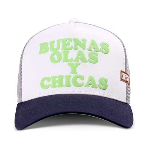 Coastal HFT Trucker Cap Olas Y Chicas White/Navy - High Fitted Mesh Baseball Cappy - Surfer Slogan Print - Unisex Surfing Sports Basecap Freizeit Kappe Kopfbedeckung + Stuff & Style Cap-Saver