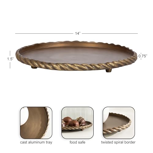 Kate and Laurel Trenza Decorative Round Spiraled Metal Tray with Feet, 14 Inch Diameter, Antique Brass, Circle Footed Coffee Table Tray for Use as Kitchen Counter Display or Living Room Decor Accent by Kate and Laurel - Image 2