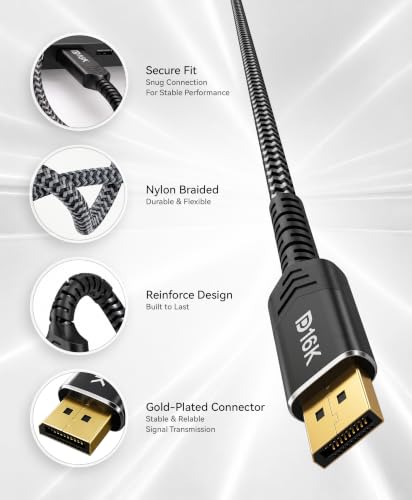 Image of BlueRigger DisplayPort 2.1 Cable 16K - 80Gbps Ultra High Speed DP to DP Cable (3FT), Supports 16K@60Hz, 8K@240Hz, 4K@480Hz, DSC 1.2a, Dynamic HDR, G-Sync, FreeSync, Braided Heavy Duty Cord