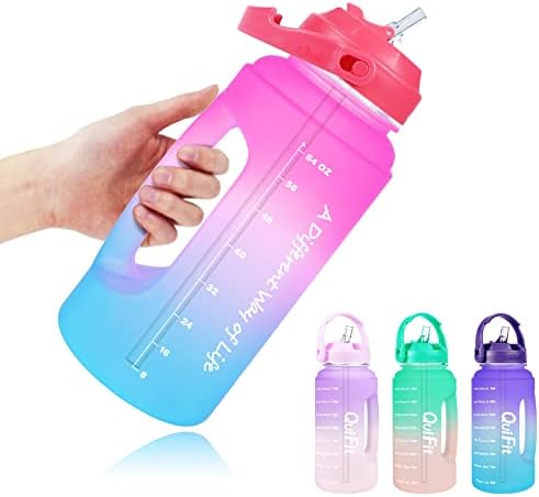 QuiFit 2.2 Litre Motivational Water Bottle with Straw - Large Reusable Sports Water Jug w/Time Marker, Drinks Bottle for Office Gym Camping Outdoor - BPA Free (Pink-Blue, 2.2 litre)