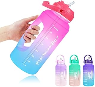 QuiFit 2.2 Litre Motivational Water Bottle with Straw - Large Reusable Sports Water Jug w/Time Marker, Drinks Bottle for Office Gym Camping Outdoor - BPA Free (Pink-Blue, 2.2 litre)
