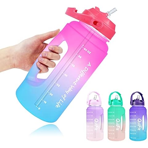 QuiFit 2.2 Litre Motivational Water Bottle with Straw - Large Reusable Sports Water Jug w/Time Marker, Drinks Bottle for Office Gym Camping Outdoor - BPA Free (Pink-Blue, 2.2 litre) Cover