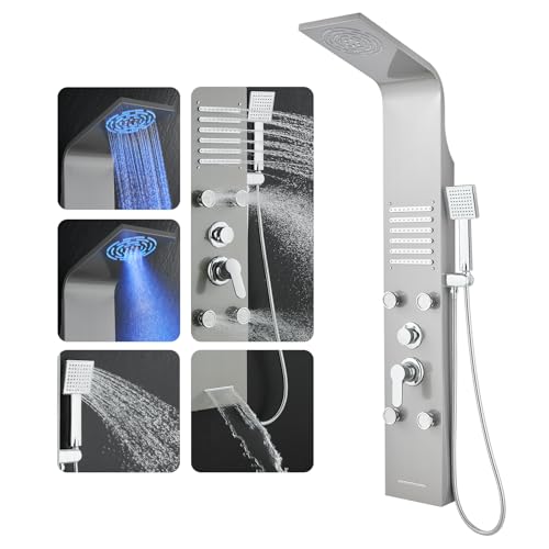 ROVOGO LED Duschpaneel mit Armatur, 6-Funktion Duschsäule mit Regen und Nebel Duschkopf, 2 Strahlarten Massagedüsen, Handbrause, Wasserfall Wanneneinlauf, Duschpaneele Edelstahl Gebürstet, Wandmontage