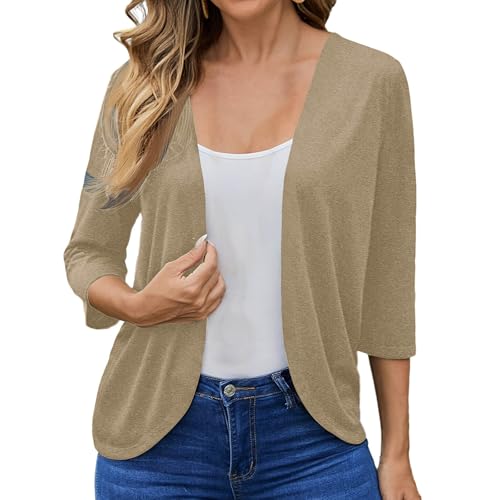 Womens 3/4 Sleeve Cardigans Lightweight Open Front Cardigan Solid Color Casual Summer Beach Cover Ups