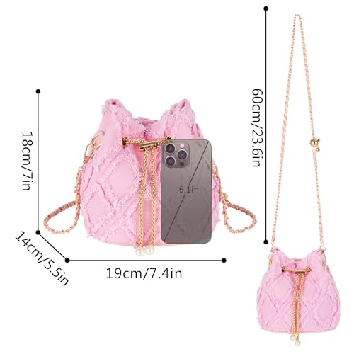 Image of Women Denim Mini Bucket Shoulder Crossbody Bag Drawstring Quilted Distressed Tassel Barrel Shape Satchel Purse