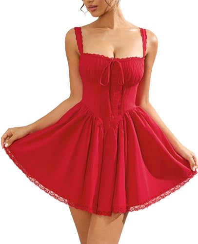 Image of Womens Summer Floral Mini Dress Square Neck Tie Front Lace Spliced Ruched Backless Casual Party Graduation Short Dresses