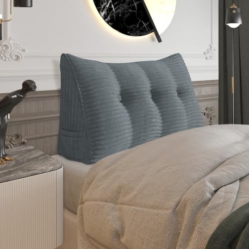 Strusery Almohada De Cuña De Pana, Cojín Triangular Grande Para Respaldo De Cabecera Y Reposo En Cama, Soporte De Lectura, Posicionamiento De Almohadilla De Pies Gris, 100 X 50 X 20 Cm