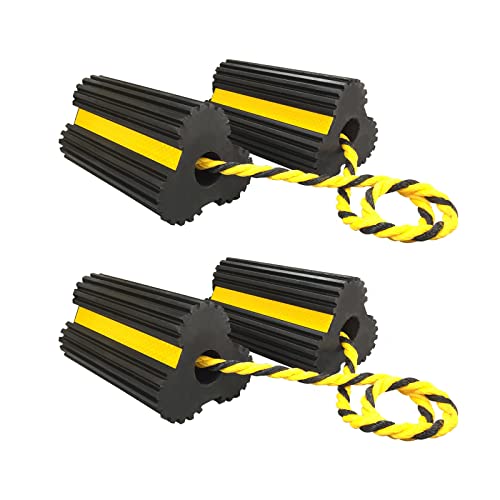 HOXWELL Rubber Heavy Duty Dual Wheel Chocks Front and Back, RV Leveling Blocks Non Slip Base with Nylon Rope Yellow Reflective Tape for Travel Trailers, Car, Camper, Truck 2 Pair(4 Pack)