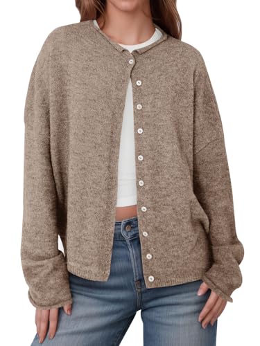 Saodimallsu Womens Button Up Cardigan Sweaters Long Sleeve Crew Neck Fall Soft Lightweight Knit Loose Sweater Tops