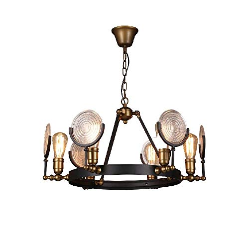 KXEcoLife Simple 6-Lights American Rustic Retro Industry Wrought Iron Glass Chandeliers Nostalgic Classic Metal Round Restaurant Drop Light Vintage Cafe Bar Ceiling Pendant Lamp E27 Edison L