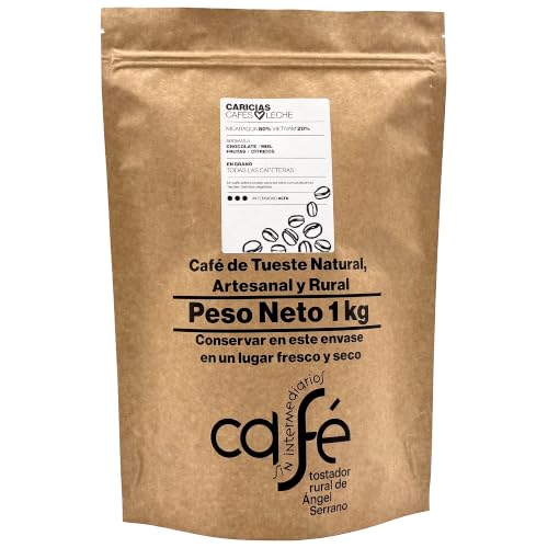 CAFÉ SIN INTERMEDIARIOS - Café de Nicaragua y Vietnam - Caricias - Ideal para combinar con leche - Intensidad de sabor Alta - Recién tostado y envasado - 1 kg en GRANO para Todas las cafeteras
