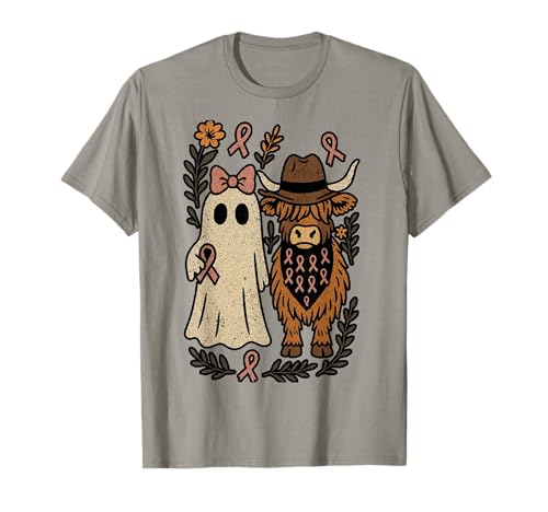 Coquette Automne Cancer du Sein Highland Vache Fantôme Halloween T-Shirt