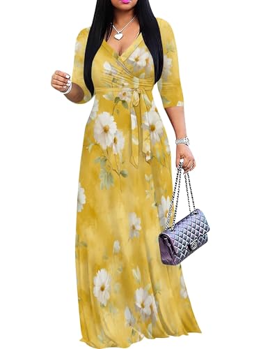 Image of SUZONANA Plus Size Dresses for Women Floral Print Maxi Dress Flowy 3 /4 Sleeve with Belt