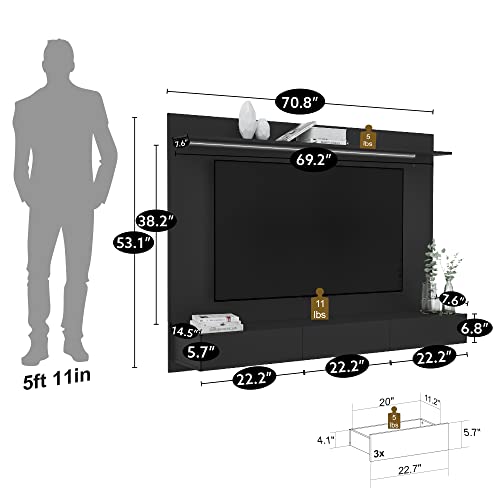 Naomi Home Bliss Modern Freestanding Wall Mounted Entertainment Center Floating Tv Wall Panel For 75 Inch Tvs, Home Theater With Led Strip, Pull-Out Drawers And Overhead Shelf – Black, Solid Pine Wood #TOP2