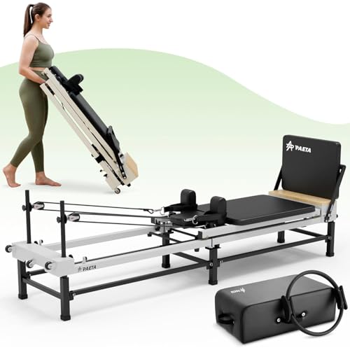PAETA Pilates Reformer, 91' Foldable Reformer Pilates Machine with Adjustable Reformer Heights, Pilates Equipment with Piano Wire Spings and Jump Boards(Black Reformer with Box