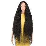 DÉBUT Lace Front Perücke Super lange gewellte Perücke für Damen 104 cm 280g Kunsthaar Hitzebeständige Faser 130% Dichte(104 cm, Schwarz)