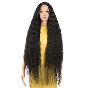 DÉBUT Lace Front Perücke Super lange gewellte Perücke für Damen 104 cm 280g Kunsthaar Hitzebeständige Faser 130% Dichte(104 cm, Schwarz)