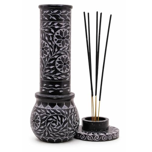 Image of Marble Soapstone Black Incense Holder, 3 x 3 x 10 Inches | Handmade, Round Carving, Candle Burner, Tea Light Holder, Decorative Home and Office Decor