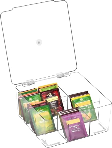 Wuudi Tea Storage Box Tea Organizer Made of Clear Plastic with 9 Compartments Tea Bag Holder for Tea Bags,Sugar, Coffee Pods or Other Small Items