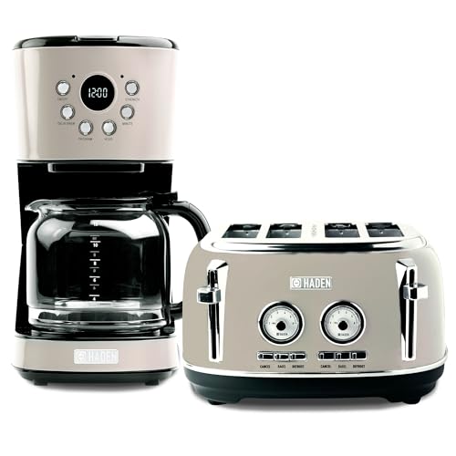 Haden 12 Cup Programmable Drip Coffee Maker Coffee Machine Bundled with Dorset 4 Slice Wide Slot Stainless Steel Toaster, Putty & Chrome