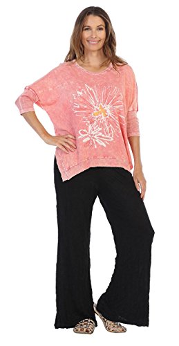Jess & Jane Womens Mineral Washed Dolman Sleeve Cotton Tunic Oversize (XL, Mono Flower Coral)