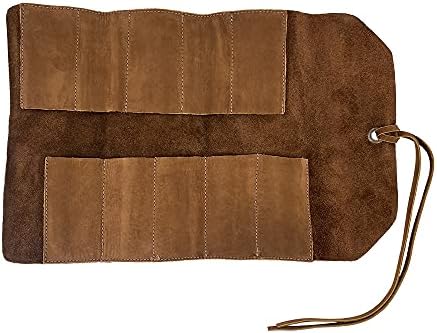 Hide & Drink, Rustic Leather Small Tool Roll Up Bag (10 Slots), Portable Carry On Pouch, Workshop Storage, Woodworking Tools Organizer, Handmade Bourbon Brown (Swayze Suede)