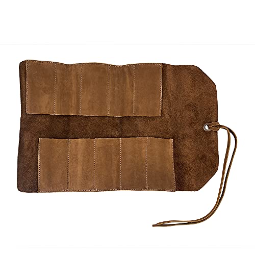 Hide & Drink, Rustic Small Tool Roll-Up Bag (10 Slots), Portable Carry-On Pouch, Workshop Storage, Woodworking Tools Organizer, Vintage, Full Grain Leather, Handmade, Swayze Suede