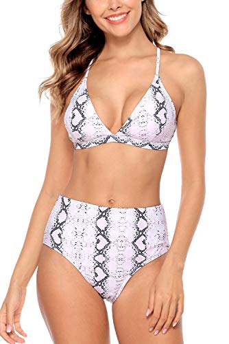 CharmLeaks Bikini Swimsuit for Women High Waisted Triangle 2 Piece Snakeskin Swimwear L