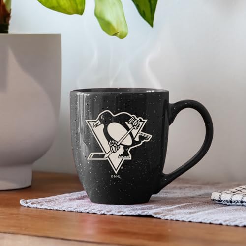 Image of Rico Industries NHL Hockey Pittsburgh Penguins Black Personalized 16 oz Team Color Laser Engraved Speckled Ceramic Coffee Mug