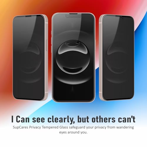 Image of SupCares Privacy Tempered Glass for iPhone 13, 13 Pro, 14, iPhone 16e and iPhone 17e (6.1 Inch) With Installation Kit | Military-Grade Gorilla Screen Protector | Edge to Edge Coverage | Black