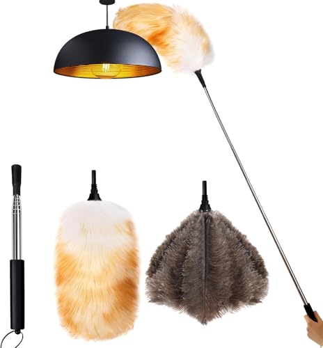 Image of Lambswool Feather Duster with Extension Pole up to 57.5inch,Extendable Feather Duster Used for Cleaning High Ceiling Fan, High Ceilings,Furniture,Hard to Reach Areas