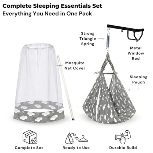 Image of Vparents Sleeping Essentials with Mosquito Net & Spring with Window Stand, Sunny(Grey)