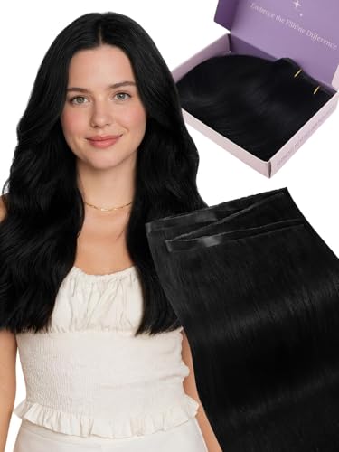 Image of Fshine Butterfly Weft Hair Extensions Human Hair, 50 g 16 Inch Jet Black | No-Sew, No-Glue, PU Base, Hair Weft Extensions, Adds Instant Volume and Length, OVO Hole Micro Hand-Tied
