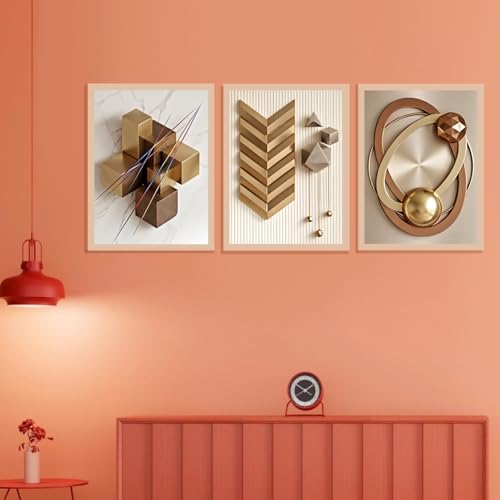 Image of ARAkri Geometric Abstract Wall Art Set of 3, Framed Poster Prints, Gold and Copper Tones, Modern Abstract, Ready to Hang, Living Room Decor (Art 3, 10x 13 inch)