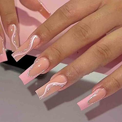 Pink Press on Nails Long Swirls French Fake Nails Square Bling Gl...