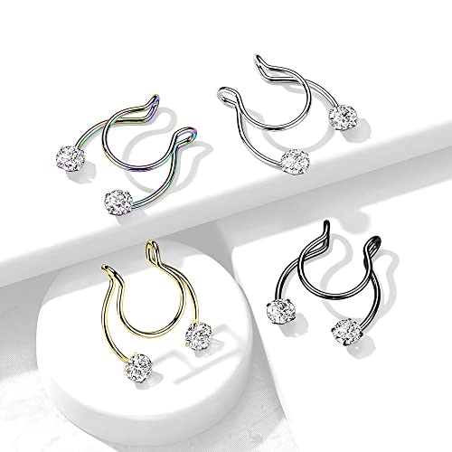 18Ga Stainless Steel Prong Set Cz Crystal Horseshoe Clip On Non-Pierce Fake Septum Nipple Rings, Sold As A Pair (Gold Tone) #TOP3
